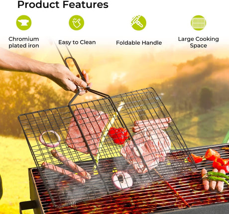 AKDC Barbeque Grill Chromium Plated Iron Wooden Handle, Folding Portable BBQ Grill Basket for Fish Vegetables Shrimp, Larger Grilling Area - Al Kabayel Discount CenterAKDC Barbeque Grill Chromium Plated Iron Wooden Handle, Folding Portable BBQ Grill Basket for Fish Vegetables Shrimp, Larger Grilling AreaBarbecue & Outdoor DiningAKDCAl Kabayel Discount Center