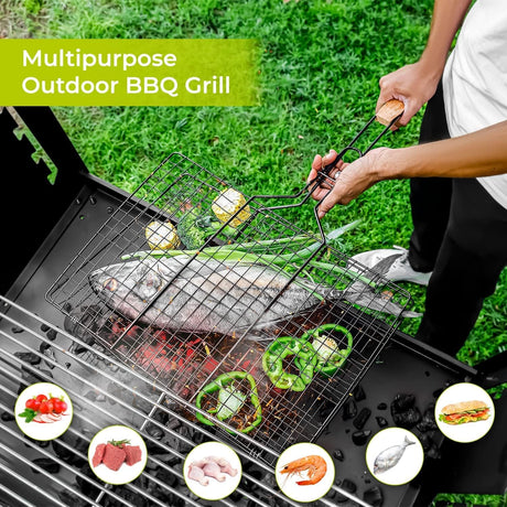 AKDC Barbeque Grill Chromium Plated Iron Wooden Handle, Folding Portable BBQ Grill Basket for Fish Vegetables Shrimp, Larger Grilling Area - Al Kabayel Discount CenterAKDC Barbeque Grill Chromium Plated Iron Wooden Handle, Folding Portable BBQ Grill Basket for Fish Vegetables Shrimp, Larger Grilling AreaBarbecue & Outdoor DiningAKDCAl Kabayel Discount Center