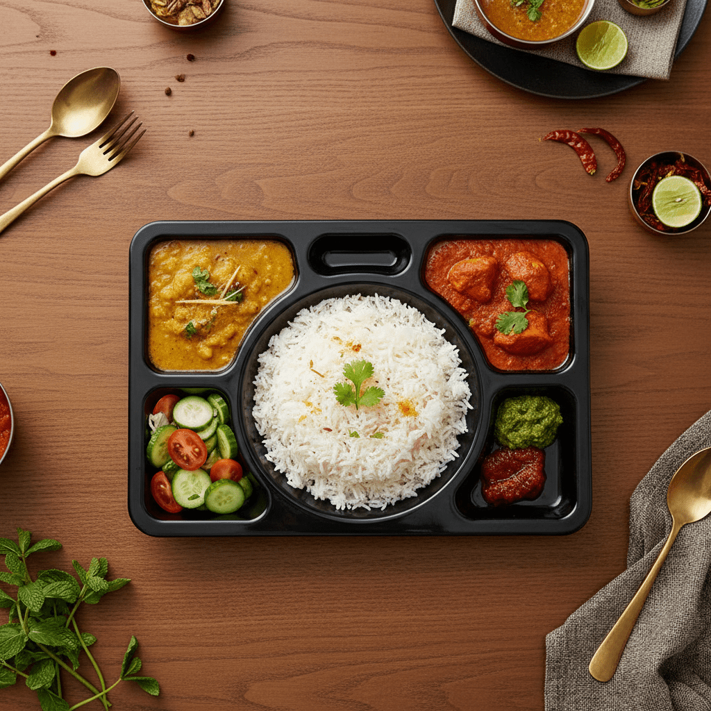 AKDC Black Rectangular Melamine 6 Portion Serving Plate 38 × 28 cm Large Compartment Tray for Thali Service Restaurant and Catering - Al Kabayel Discount CentreAKDC Black Rectangular Melamine 6 Portion Serving Plate 38 × 28 cm Large Compartment Tray for Thali Service Restaurant and CateringPlatesAKDCAl Kabayel Discount Centre