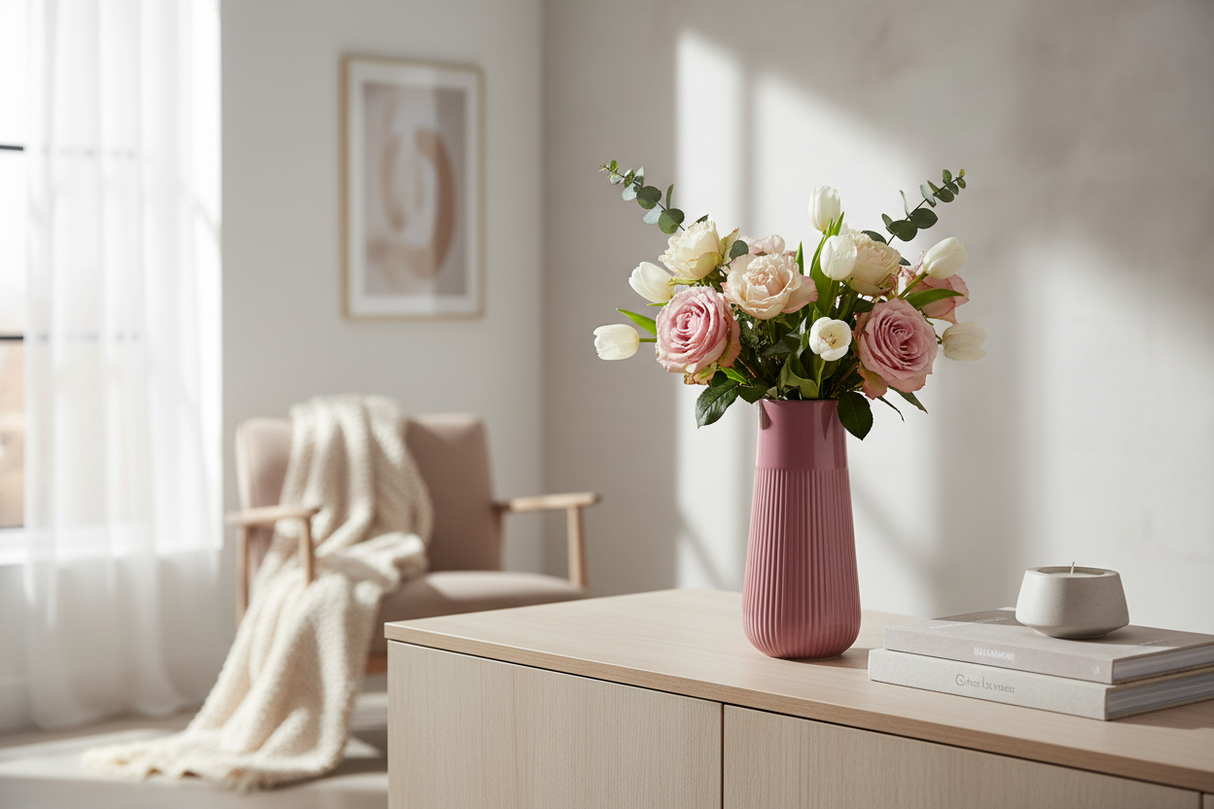 AKDC Ceramic Flower Vase with Ribbed Texture - 12cm × 25cm, Mauve