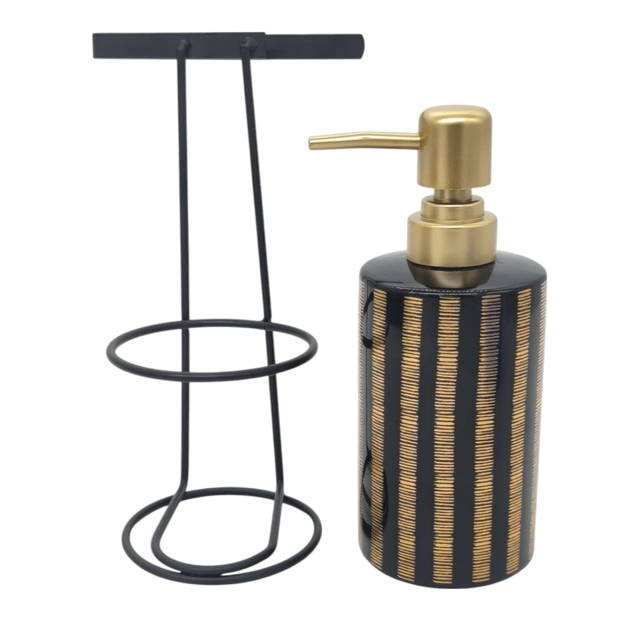AKDC Ceramic Liquid Soap Dispenser With Metal Hanging Stand Bathroom & Kitchen Dish Soap Dispenser with Easy - to - Press Pump - 450ML - Black&Gold - Al Kabayel Discount CentreAKDC Ceramic Liquid Soap Dispenser With Metal Hanging Stand Bathroom & Kitchen Dish Soap Dispenser with Easy - to - Press Pump - 450ML - Black&GoldHolders & DispensersAKDCAl Kabayel Discount Centre