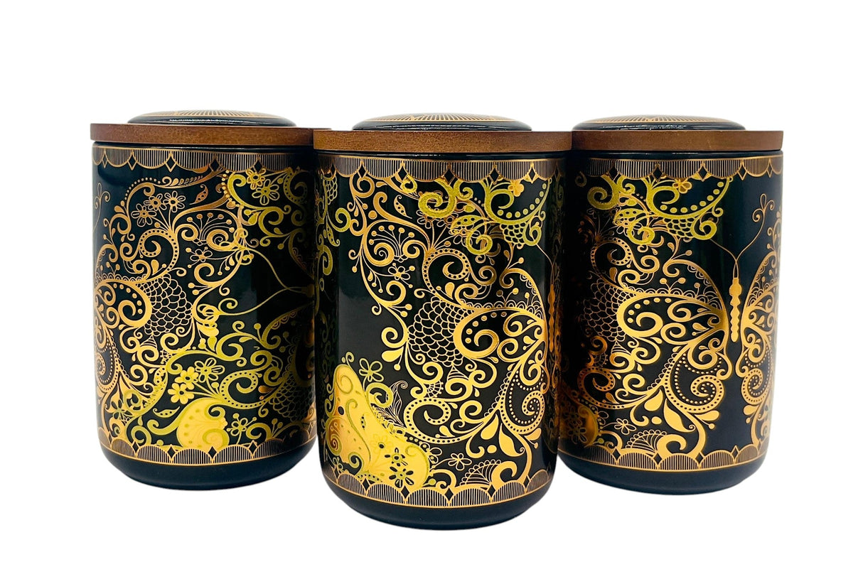 AKDC Ceramic Set of 3 Canister 1 Liter * 3 with a Wooden Lid, Black and Golden Floral Design - Al Kabayel Discount CentreAKDC Ceramic Set of 3 Canister 1 Liter * 3 with a Wooden Lid, Black and Golden Floral DesignJars & Food SaversAKDCAl Kabayel Discount Centre