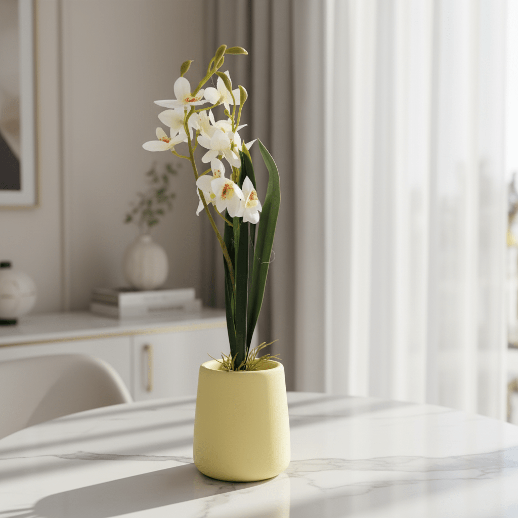 AKDC Ceramic Yellow Pot With Polyster White Orchid Plant 37*10 Cm - Al Kabayel Discount CentreAKDC Ceramic Yellow Pot With Polyster White Orchid Plant 37*10 CmArtificial FloraAKDCAl Kabayel Discount Centre