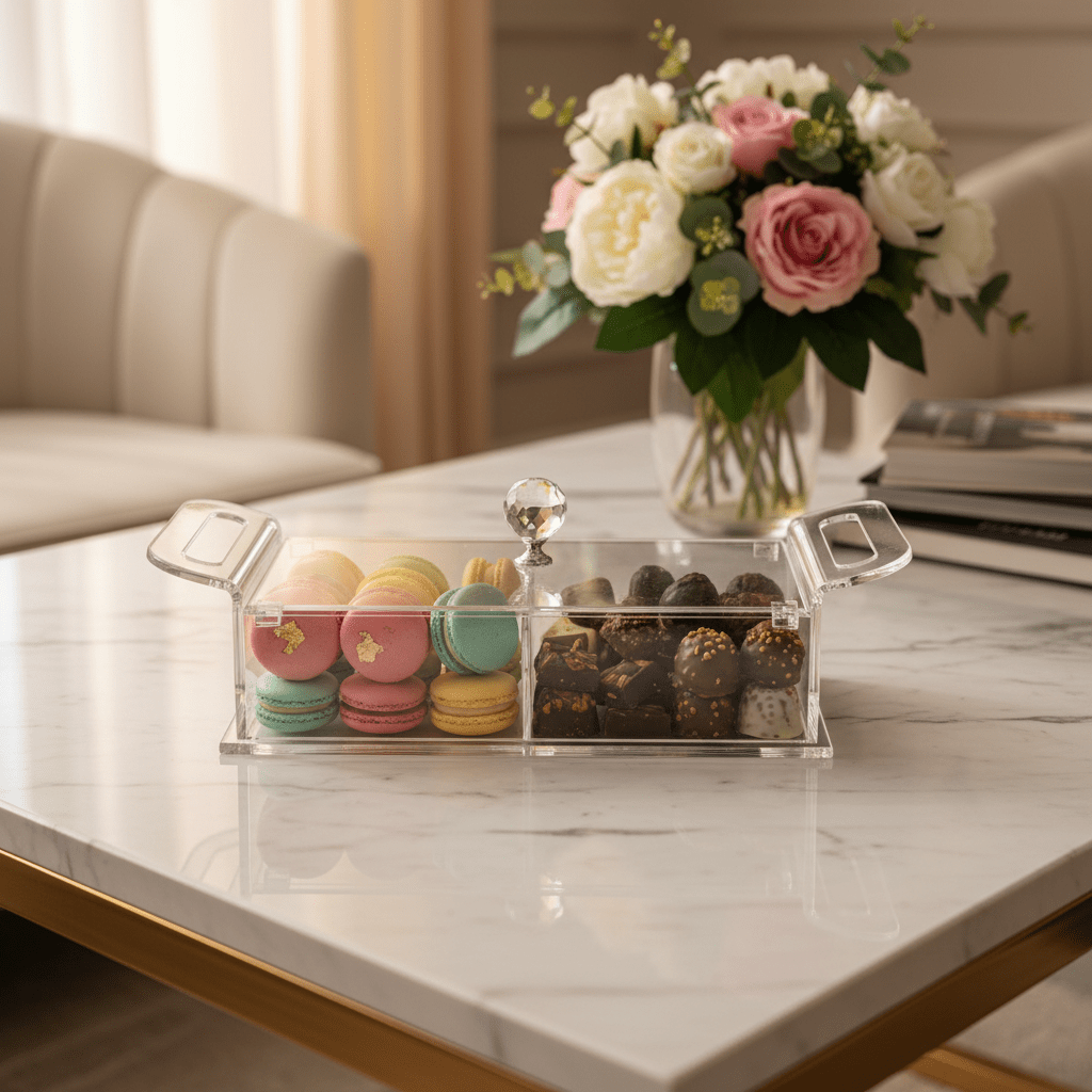 AKDC Clear Acrylic 2 Section Candy Storage Box with Lid Transparent Organizer for Sweets and Snacks 25x13x6 cm - Al Kabayel Discount CentreAKDC Clear Acrylic 2 Section Candy Storage Box with Lid Transparent Organizer for Sweets and Snacks 25x13x6 cmServing TraysAKDCAl Kabayel Discount Centre