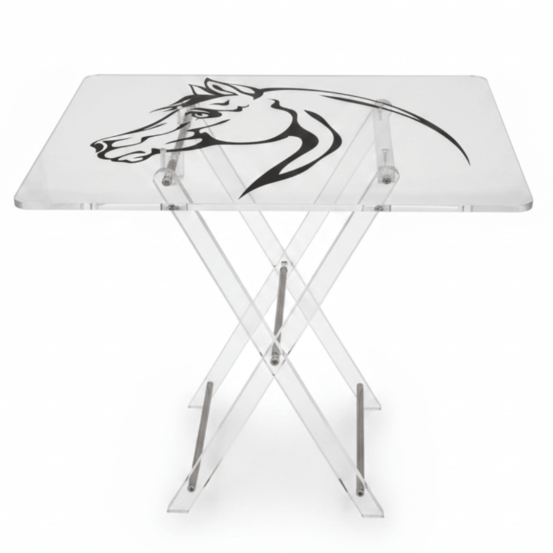 AKDC Clear Acrylic Coffee Table Set Featuring Black Horse Artwork Print Elegant Foldable 4 - Piece Design 50x40x47 cm - Al Kabayel Discount CentreAKDC Clear Acrylic Coffee Table Set Featuring Black Horse Artwork Print Elegant Foldable 4 - Piece Design 50x40x47 cmOrganizers & AccessoriesAKDCAl Kabayel Discount Centre