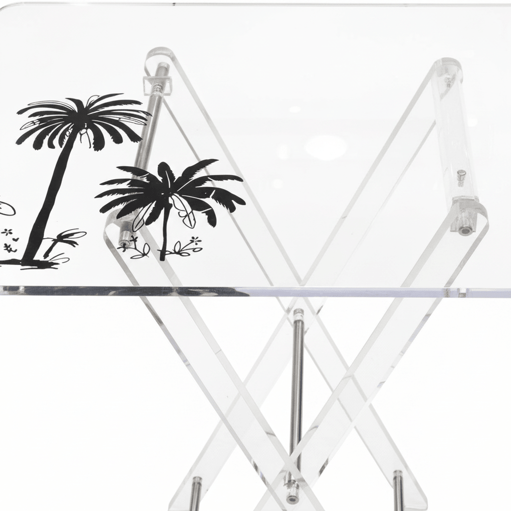 AKDC Clear Acrylic Folding Table Set with Black Palm Tree Print Design Decorative 4 - Piece Living Room Furniture 50x40x47 cm - Al Kabayel Discount CentreAKDC Clear Acrylic Folding Table Set with Black Palm Tree Print Design Decorative 4 - Piece Living Room Furniture 50x40x47 cmOrganizers & AccessoriesAKDCAl Kabayel Discount Centre