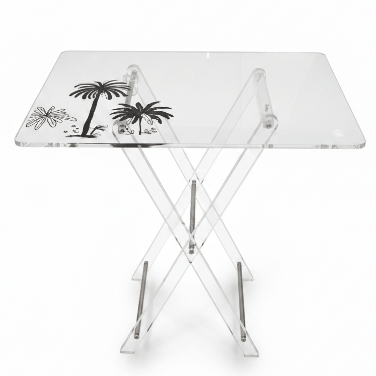 AKDC Clear Acrylic Folding Table Set with Black Palm Tree Print Design Decorative 4 - Piece Living Room Furniture 50x40x47 cm - Al Kabayel Discount CentreAKDC Clear Acrylic Folding Table Set with Black Palm Tree Print Design Decorative 4 - Piece Living Room Furniture 50x40x47 cmOrganizers & AccessoriesAKDCAl Kabayel Discount Centre