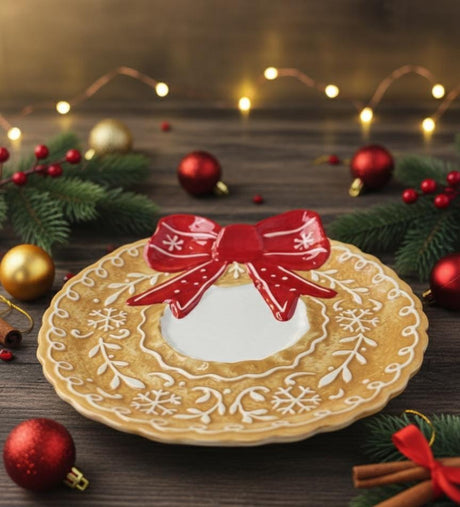 AKDC Creamy Yellow Ceramic Plate 26 cm – Christmas Bow Accent Decorative Plate - Al Kabayel Discount CentreAKDC Creamy Yellow Ceramic Plate 26 cm – Christmas Bow Accent Decorative PlatePlatesAKDCAl Kabayel Discount Centre