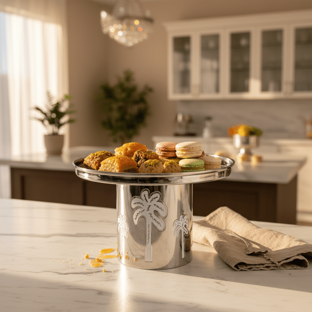 AKDC Decorative Stainless Steel Cake Stand with Palm Tree Design Base – Tropical Style Dessert Display – 26 × 16 cm - Al Kabayel Discount CentreAKDC Decorative Stainless Steel Cake Stand with Palm Tree Design Base – Tropical Style Dessert Display – 26 × 16 cmServing TraysAKDCAl Kabayel Discount Centre