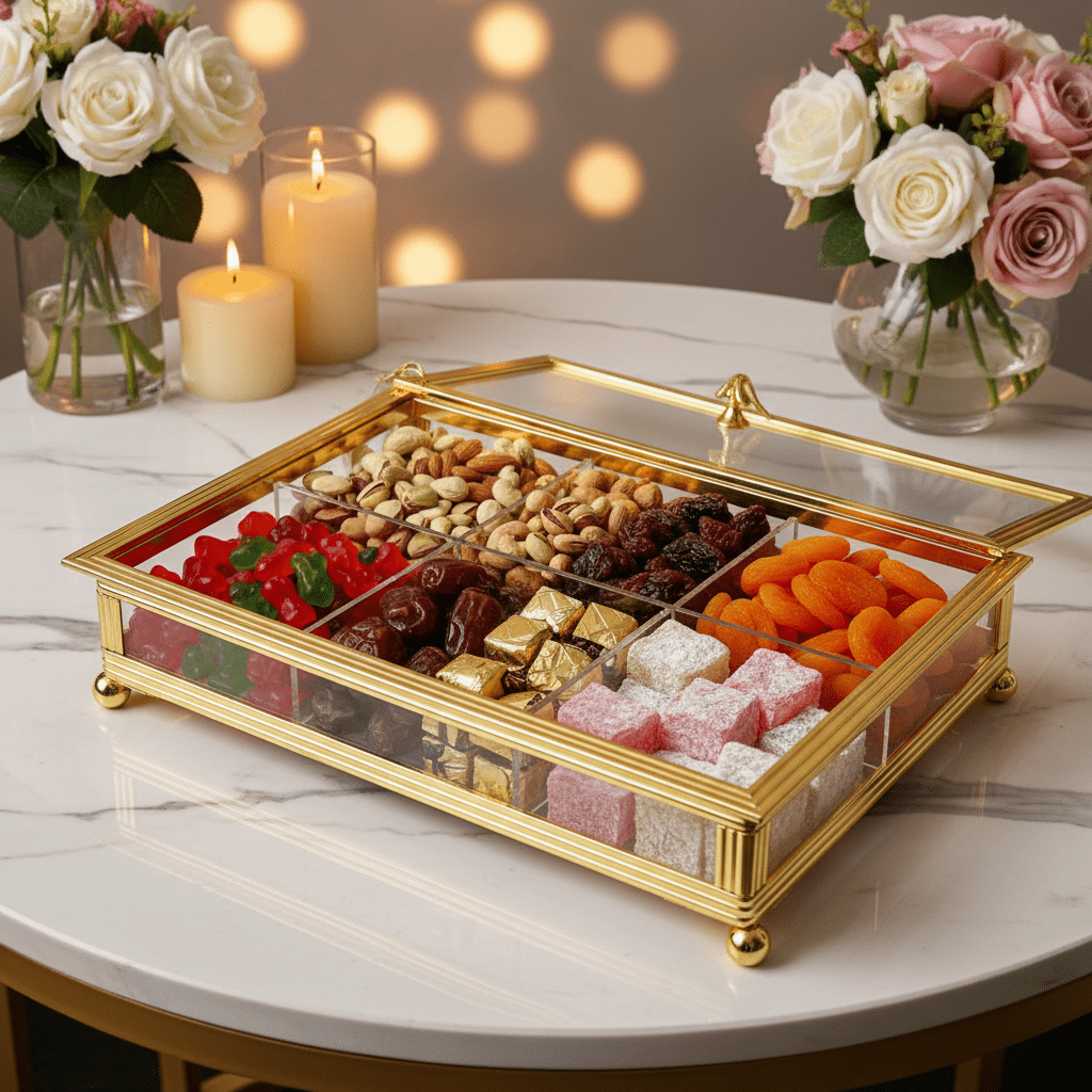 AKDC Deluxe 6 - Compartment Candy & Snacks Tray with Golden Border and Lid – Party Serving Organizer 35×25 cm - Al Kabayel Discount CentreAKDC Deluxe 6 - Compartment Candy & Snacks Tray with Golden Border and Lid – Party Serving Organizer 35×25 cmServing TraysAKDCAl Kabayel Discount Centre