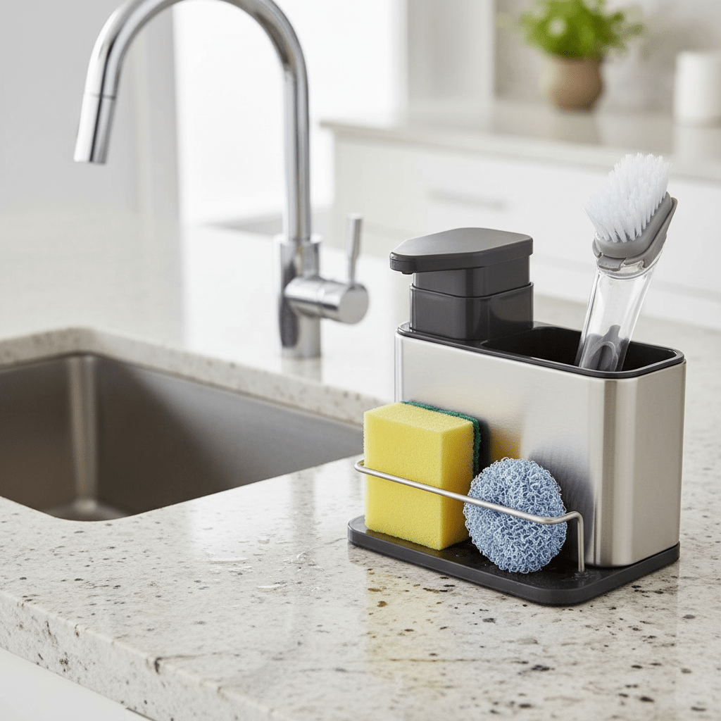 AKDC Deluxe Stainless Steel Kitchen Sink Organizer with Built - In Soap Dispenser, Sponge Holder & Brush Stand – Complete Sink Storage System (180×128×188 mm) - Al Kabayel Discount CentreAKDC Deluxe Stainless Steel Kitchen Sink Organizer with Built - In Soap Dispenser, Sponge Holder & Brush Stand – Complete Sink Storage System (180×128×188 mm)Organizers & AccessoriesAKDCAl Kabayel Discount Centre