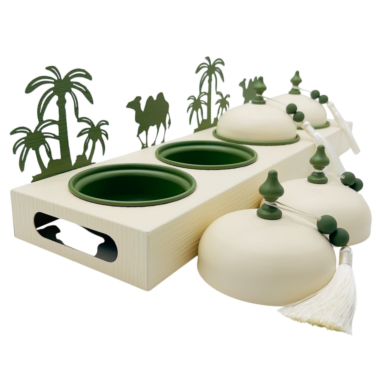 AKDC Desert Oasis Metal 4pcs Candy Bowls with Tray 51cm*14.5cm*14cm, Ivory/Green - Al Kabayel Discount CentreAKDC Desert Oasis Metal 4pcs Candy Bowls with Tray 51cm*14.5cm*14cm, Ivory/GreenBowlsAKDCAl Kabayel Discount Centre