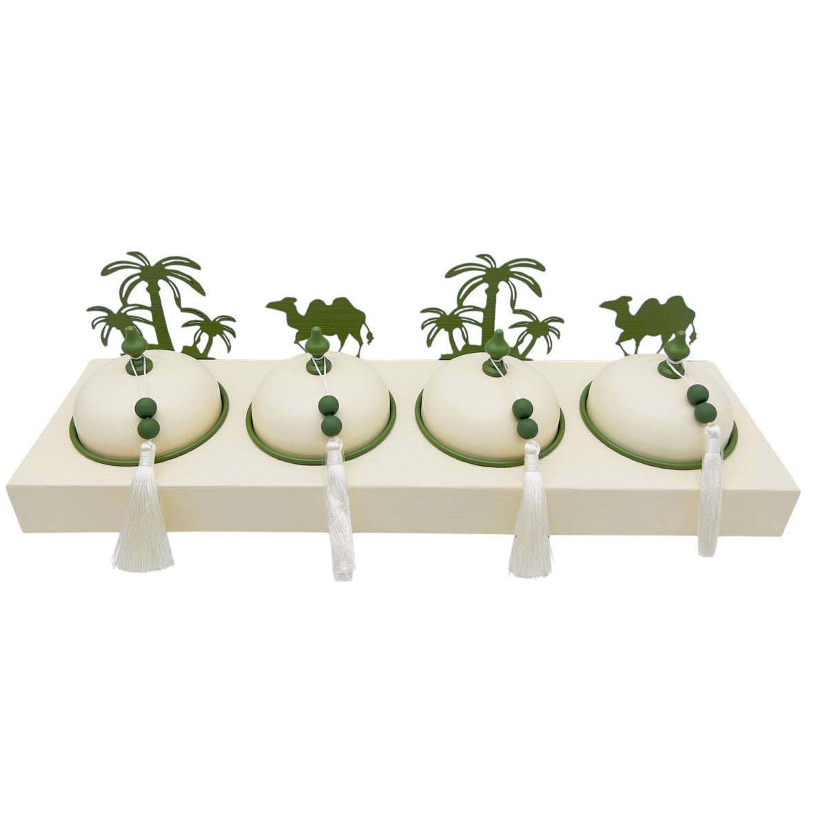 AKDC Desert Oasis Metal 4pcs Candy Bowls with Tray 51cm*14.5cm*14cm, Ivory/Green - Al Kabayel Discount CentreAKDC Desert Oasis Metal 4pcs Candy Bowls with Tray 51cm*14.5cm*14cm, Ivory/GreenBowlsAKDCAl Kabayel Discount Centre