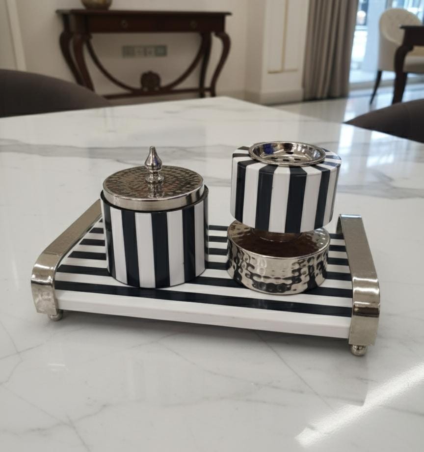 AKDC Designer Metal & Wooden Incense Burner with Container & Tray 29x14 cm – Black & White Zebra Pattern Decorative Aroma Set - Al Kabayel Discount CentreAKDC Designer Metal & Wooden Incense Burner with Container & Tray 29x14 cm – Black & White Zebra Pattern Decorative Aroma SetWooden Incense BurnerAKDCAl Kabayel Discount Centre