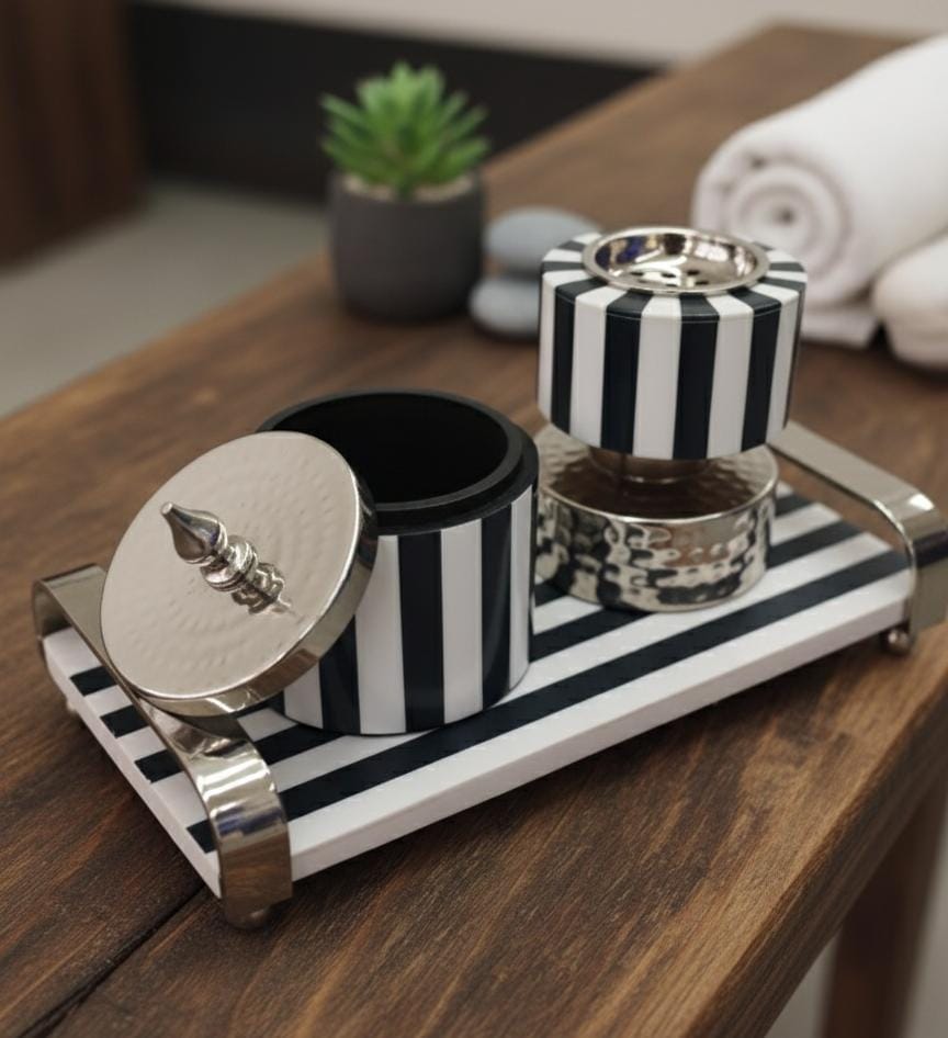 AKDC Designer Metal & Wooden Incense Burner with Container & Tray 29x14 cm – Black & White Zebra Pattern Decorative Aroma Set - Al Kabayel Discount CentreAKDC Designer Metal & Wooden Incense Burner with Container & Tray 29x14 cm – Black & White Zebra Pattern Decorative Aroma SetWooden Incense BurnerAKDCAl Kabayel Discount Centre