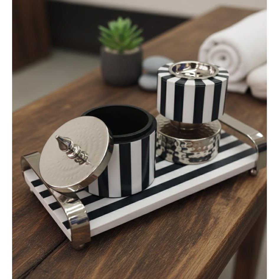 AKDC Designer Metal & Wooden Incense Burner with Container & Tray 29x14 cm – Black & White Zebra Pattern Decorative Aroma Set - Al Kabayel Discount CentreAKDC Designer Metal & Wooden Incense Burner with Container & Tray 29x14 cm – Black & White Zebra Pattern Decorative Aroma SetWooden Incense BurnerAKDCAl Kabayel Discount Centre