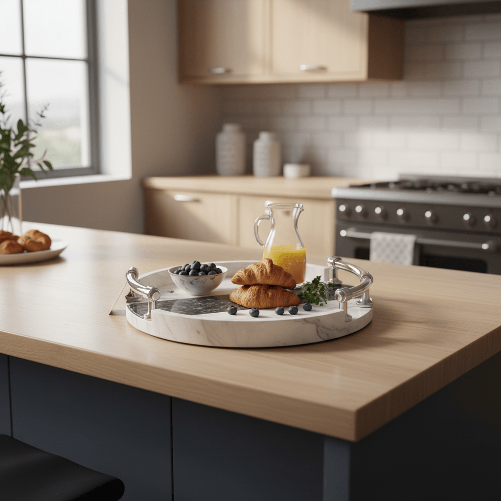 AKDC Designer Round Serving Tray – White Plaster of Paris Finish with Silver & Green Artistic Accents (28 cm) - Al Kabayel Discount CentreAKDC Designer Round Serving Tray – White Plaster of Paris Finish with Silver & Green Artistic Accents (28 cm)Serving TraysAKDCAl Kabayel Discount Centre