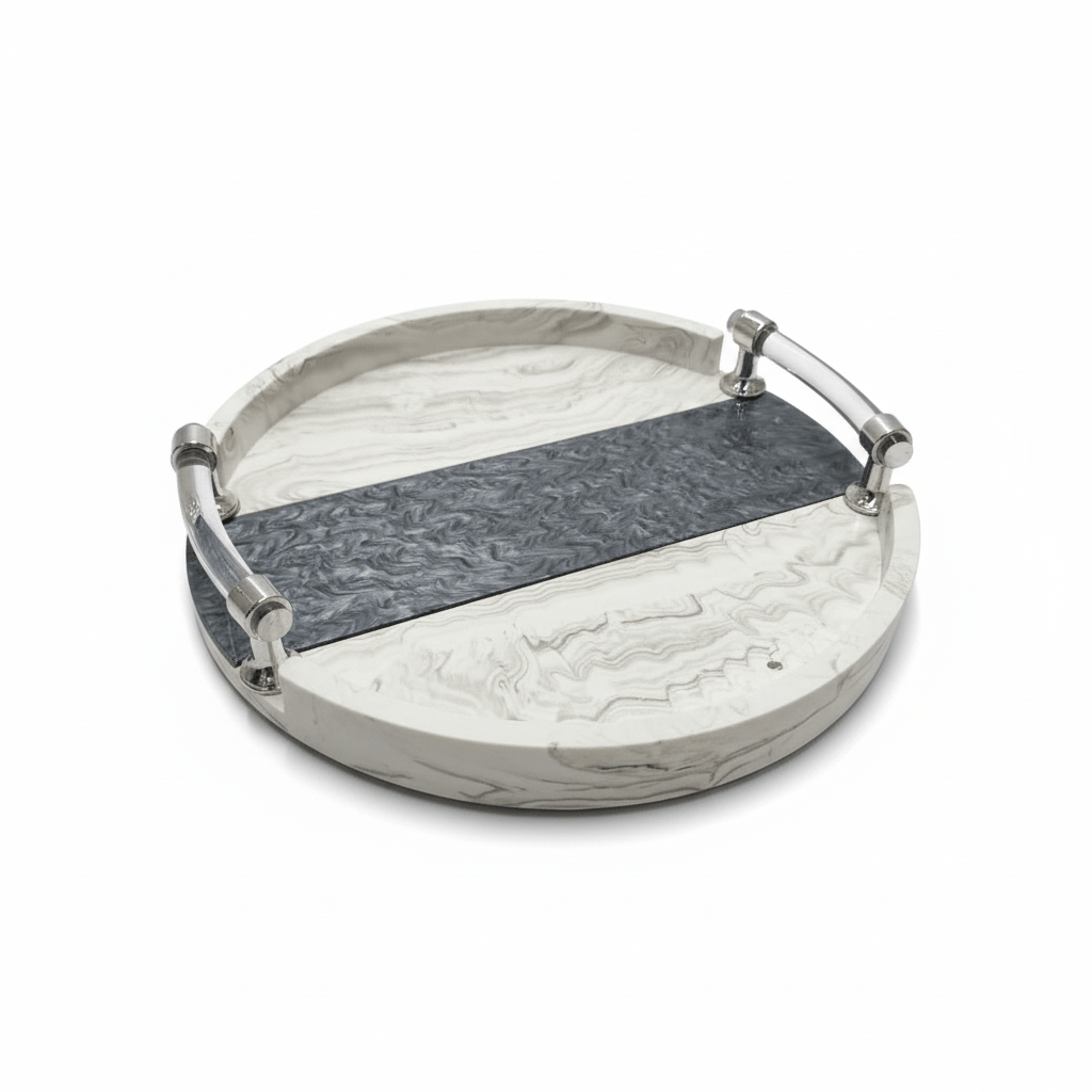 AKDC Designer Round Serving Tray – White Plaster of Paris Finish with Silver & Green Artistic Accents (28 cm) - Al Kabayel Discount CentreAKDC Designer Round Serving Tray – White Plaster of Paris Finish with Silver & Green Artistic Accents (28 cm)Serving TraysAKDCAl Kabayel Discount Centre