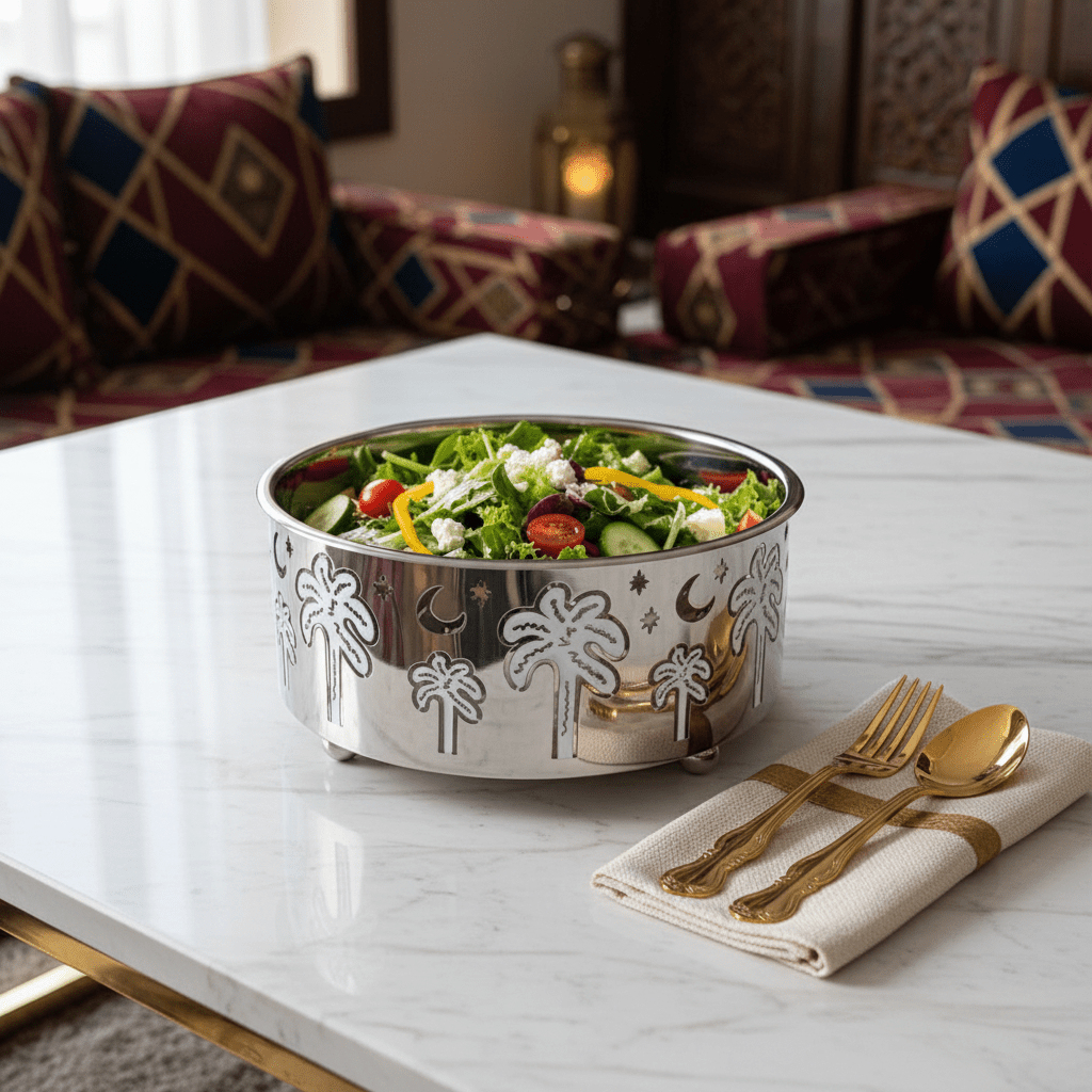 AKDC Designer Stainless Steel Salad Bowl with Palm Tree Design Base – Luxury Serving Bowl for Dining & Hosting – 23 × 10 cm - Al Kabayel Discount CentreAKDC Designer Stainless Steel Salad Bowl with Palm Tree Design Base – Luxury Serving Bowl for Dining & Hosting – 23 × 10 cmBowlsAKDCAl Kabayel Discount Centre