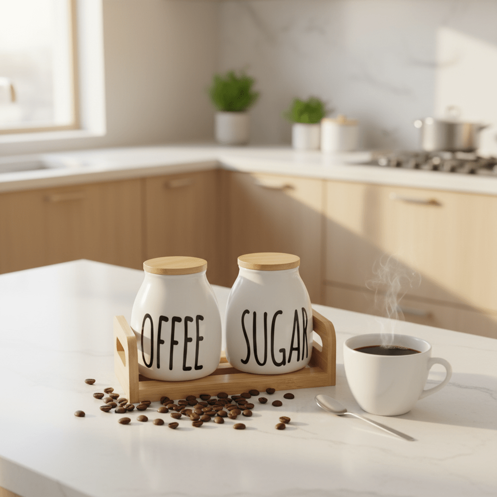 AKDC DuoStore 2 - Piece White Ceramic Canister Set with Wooden Base & Lid Compact Kitchen Storage 23×10cm - Al Kabayel Discount CentreAKDC DuoStore 2 - Piece White Ceramic Canister Set with Wooden Base & Lid Compact Kitchen Storage 23×10cmJars & Food SaversAKDCAl Kabayel Discount Centre