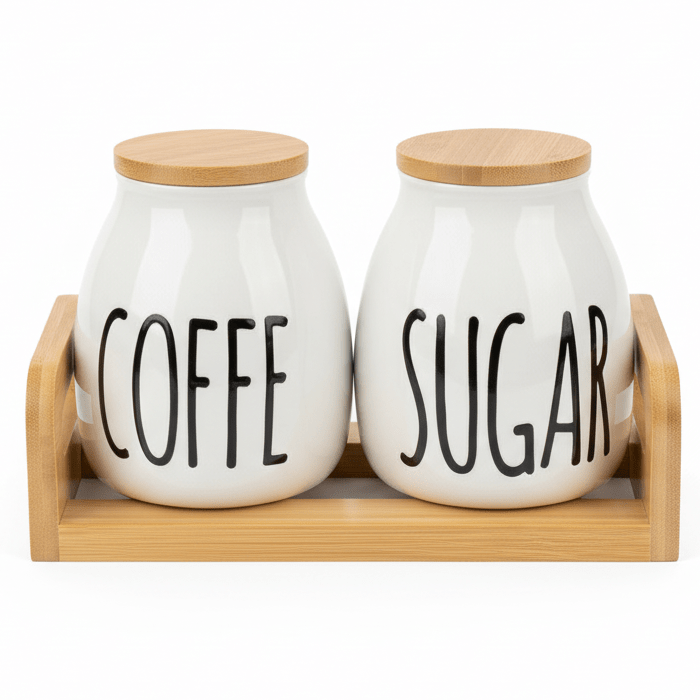 AKDC DuoStore 2 - Piece White Ceramic Canister Set with Wooden Base & Lid Compact Kitchen Storage 23×10cm - Al Kabayel Discount CentreAKDC DuoStore 2 - Piece White Ceramic Canister Set with Wooden Base & Lid Compact Kitchen Storage 23×10cmJars & Food SaversAKDCAl Kabayel Discount Centre