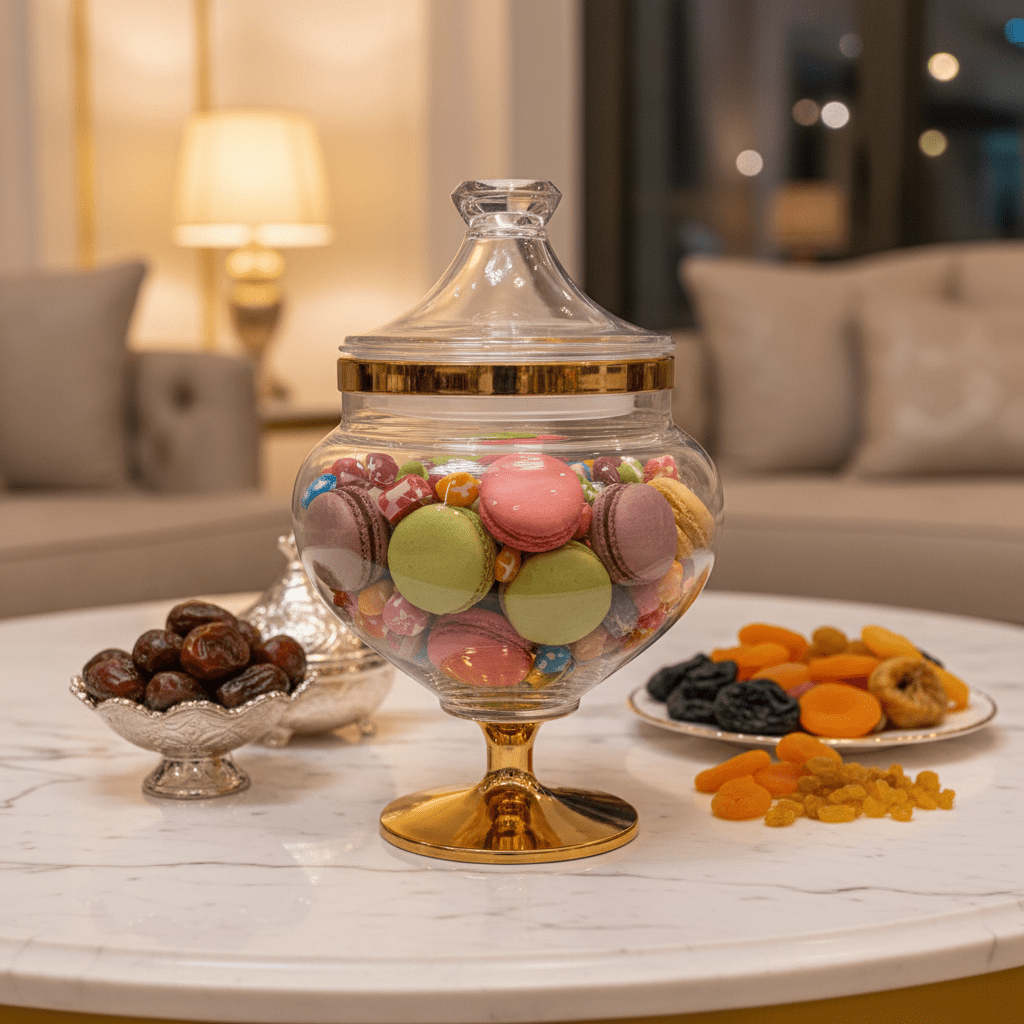 AKDC Elegant Acrylic Footed Candy Jar with Decorative Gold Pattern and Lid Clear Serving Container 18 × 12 cm - Al Kabayel Discount CentreAKDC Elegant Acrylic Footed Candy Jar with Decorative Gold Pattern and Lid Clear Serving Container 18 × 12 cmJars & Food SaversAKDCAl Kabayel Discount Centre