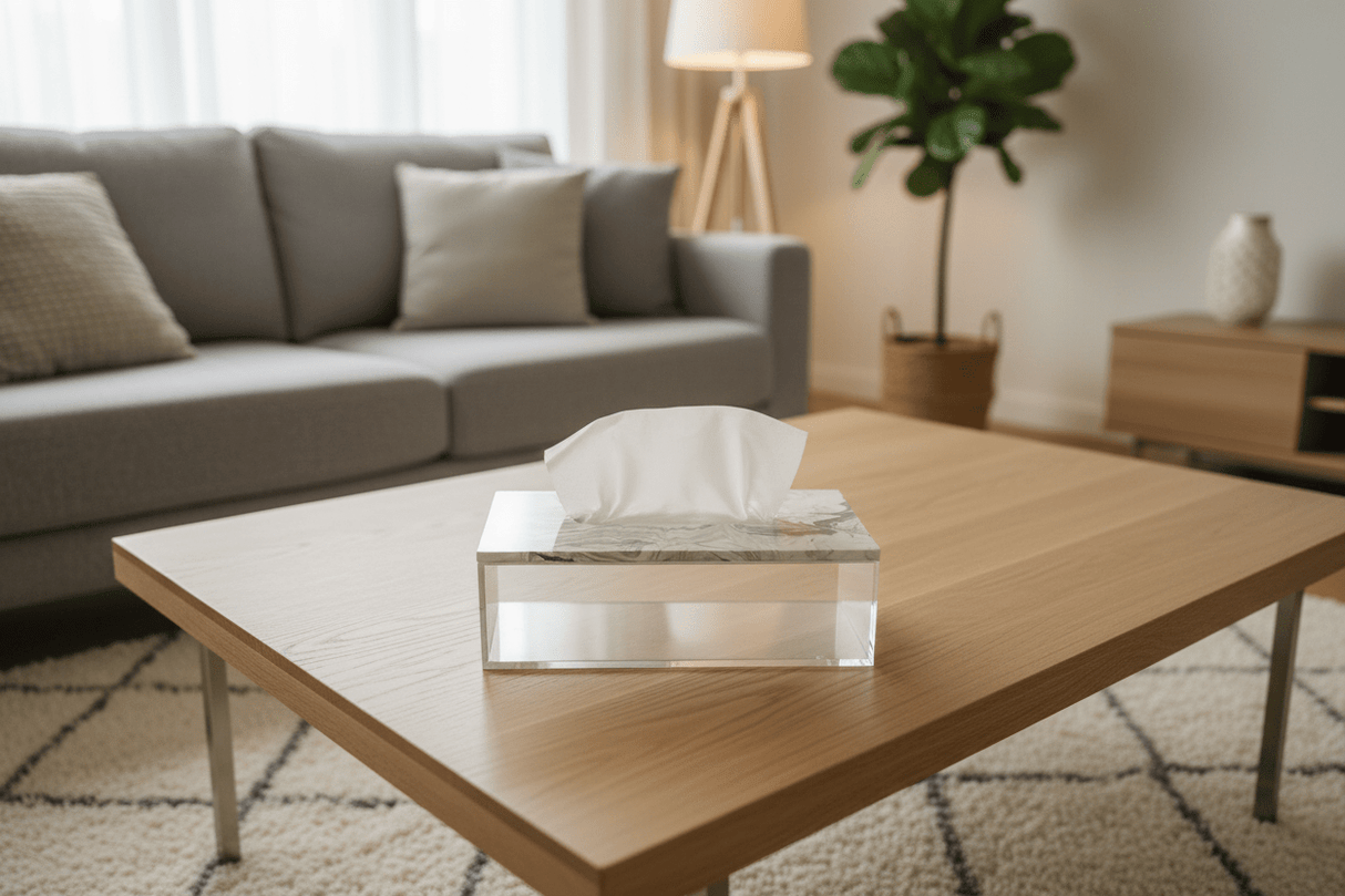 AKDC Elegant Acrylic Tissue Box – White Design with Plaster of Paris Lid and Silver Accent (23 × 13 cm) - Al Kabayel Discount CentreAKDC Elegant Acrylic Tissue Box – White Design with Plaster of Paris Lid and Silver Accent (23 × 13 cm)Serving TraysAKDCAl Kabayel Discount Centre