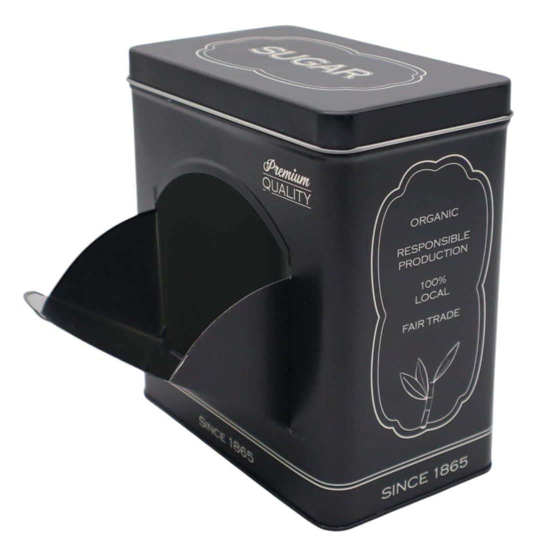 AKDC Elegant Black Metal Sugar Storage Canister with Decorative Sugar Cane Logo – Durable and Stylish Kitchen Organizer, 18×10 cm - Al Kabayel Discount CentreAKDC Elegant Black Metal Sugar Storage Canister with Decorative Sugar Cane Logo – Durable and Stylish Kitchen Organizer, 18×10 cmJars & Food SaversAKDCAl Kabayel Discount Centre