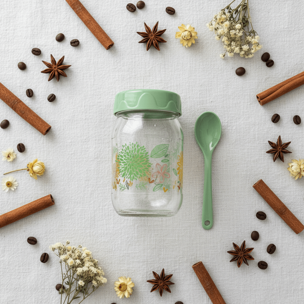 AKDC Elegant Clear Glass Storage Jar with Airtight Green Plastic Spoon & Lid for Kitchen Storage – 370 ml Capacity - Al Kabayel Discount CentreAKDC Elegant Clear Glass Storage Jar with Airtight Green Plastic Spoon & Lid for Kitchen Storage – 370 ml CapacityJars & Food SaversAKDCAl Kabayel Discount Centre