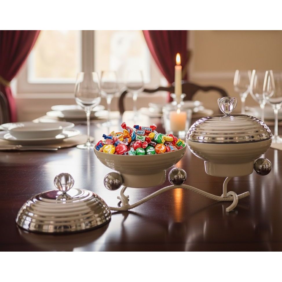 AKDC Elegant Dual Serving Candy Bowl with Lid and Stand 30cm*14cm*20cm, Ivory/Silver - Al Kabayel Discount CentreAKDC Elegant Dual Serving Candy Bowl with Lid and Stand 30cm*14cm*20cm, Ivory/SilverCandy ServersAKDCAl Kabayel Discount Centre