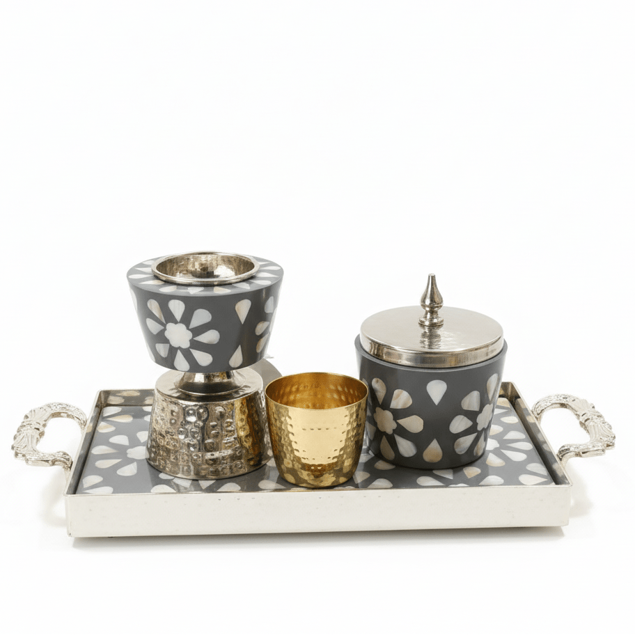 AKDC Elegant Floral Arabesque Silver & Grey Enamel Metal Incense Burner Gift Set with Hammered Tray — 35×16 cm - Al Kabayel Discount CentreAKDC Elegant Floral Arabesque Silver & Grey Enamel Metal Incense Burner Gift Set with Hammered Tray — 35×16 cmWooden Incense BurnerAKDCAl Kabayel Discount Centre