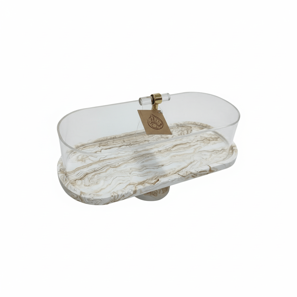 AKDC Elegant Oval Serving Tray with Acrylic Lid – White Plaster of Paris Base with Gold Accent (28 × 16 cm) - Al Kabayel Discount CentreAKDC Elegant Oval Serving Tray with Acrylic Lid – White Plaster of Paris Base with Gold Accent (28 × 16 cm)Serving TraysAKDCAl Kabayel Discount Centre
