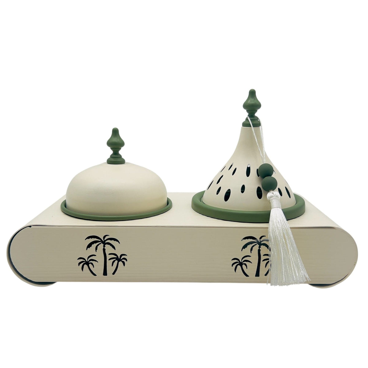 AKDC Elegant Palm Metal Incense Burner Set 30cm*13cm*17.5cm, Ivory/Green - Al Kabayel Discount CentreAKDC Elegant Palm Metal Incense Burner Set 30cm*13cm*17.5cm, Ivory/GreenHome Décor AccentsAKDCAl Kabayel Discount Centre