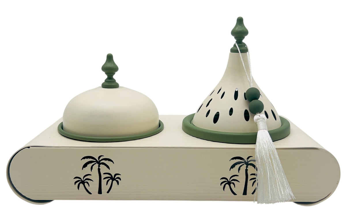 AKDC Elegant Palm Metal Incense Burner Set 30cm*13cm*17.5cm, Ivory/Green - Al Kabayel Discount CentreAKDC Elegant Palm Metal Incense Burner Set 30cm*13cm*17.5cm, Ivory/GreenHome Décor AccentsAKDCAl Kabayel Discount Centre
