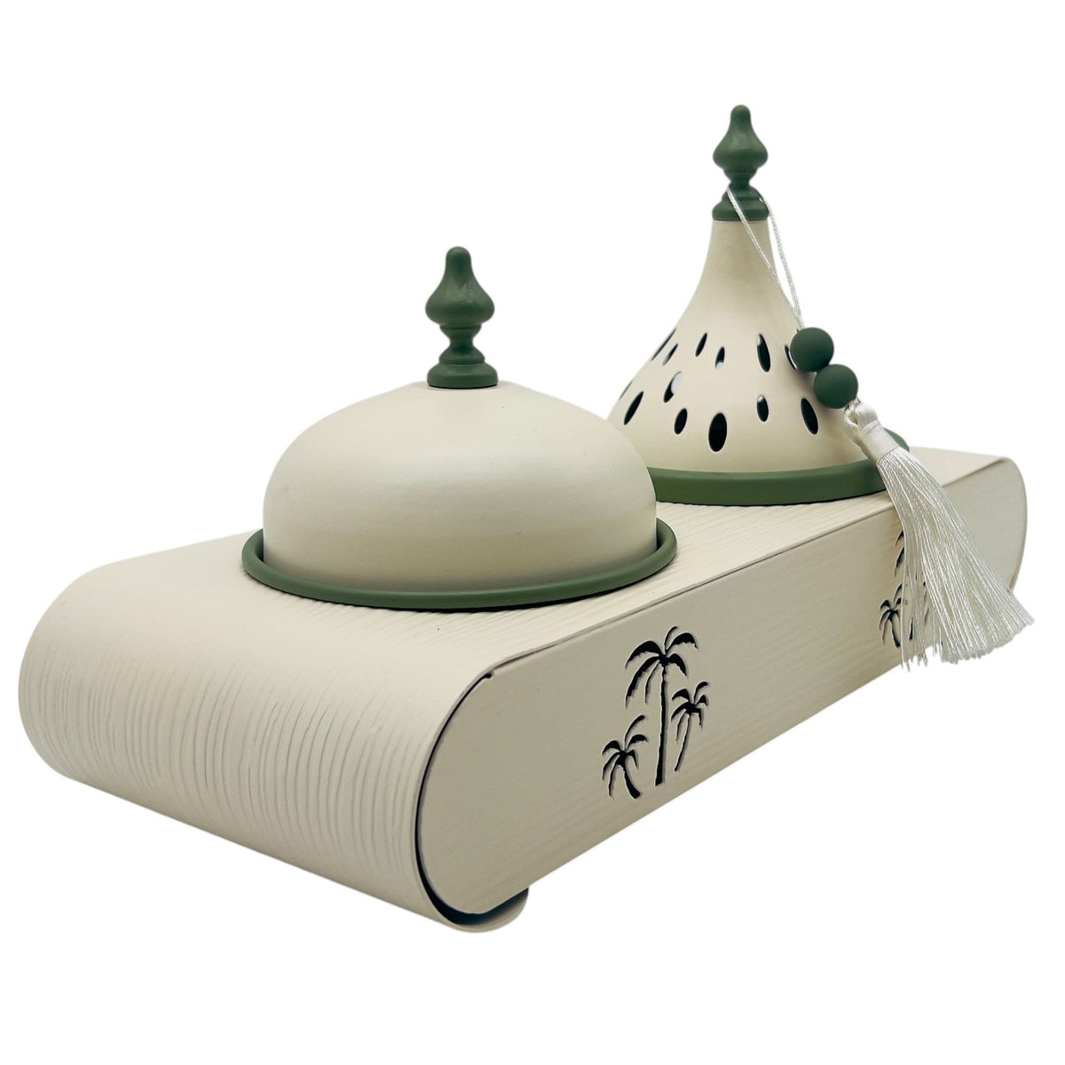 AKDC Elegant Palm Metal Incense Burner Set 30cm*13cm*17.5cm, Ivory/Green - Al Kabayel Discount CentreAKDC Elegant Palm Metal Incense Burner Set 30cm*13cm*17.5cm, Ivory/GreenHome Décor AccentsAKDCAl Kabayel Discount Centre