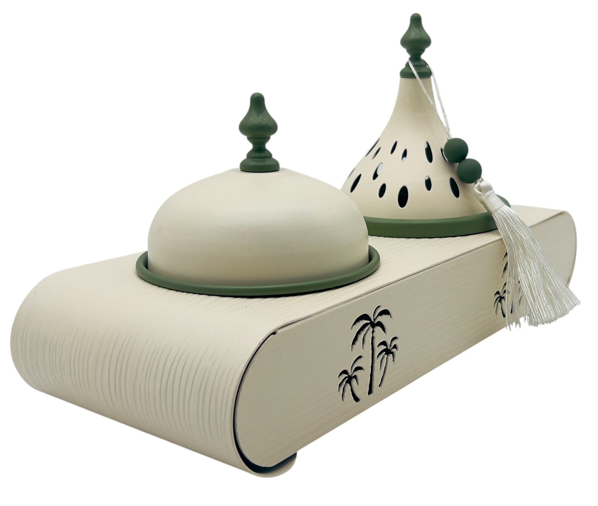 AKDC Elegant Palm Metal Incense Burner Set 30cm*13cm*17.5cm, Ivory/Green - Al Kabayel Discount CentreAKDC Elegant Palm Metal Incense Burner Set 30cm*13cm*17.5cm, Ivory/GreenHome Décor AccentsAKDCAl Kabayel Discount Centre