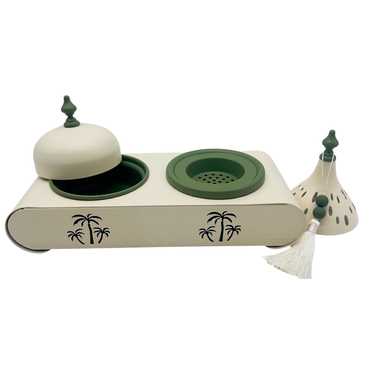 AKDC Elegant Palm Metal Incense Burner Set 30cm*13cm*17.5cm, Ivory/Green - Al Kabayel Discount CentreAKDC Elegant Palm Metal Incense Burner Set 30cm*13cm*17.5cm, Ivory/GreenHome Décor AccentsAKDCAl Kabayel Discount Centre