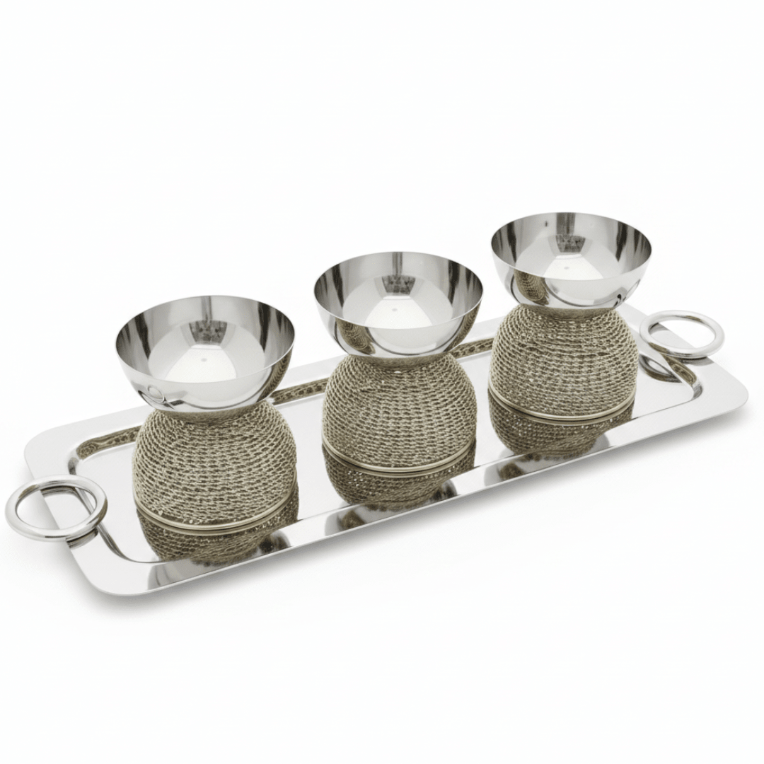 AKDC Elegant Rectangular Serving Tray in Silver Stainless Steel with Gold Accents & 3 Matching Bowls – Perfect for Snacks & Dips – 40 × 15 cm - Al Kabayel Discount CentreAKDC Elegant Rectangular Serving Tray in Silver Stainless Steel with Gold Accents & 3 Matching Bowls – Perfect for Snacks & Dips – 40 × 15 cmServing TraysAKDCAl Kabayel Discount Centre