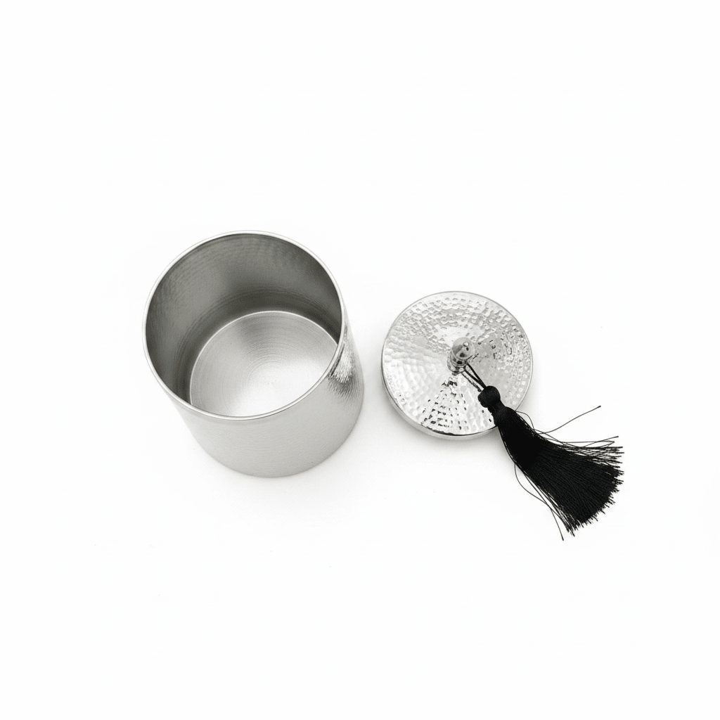 AKDC Elegant Silver Metal Dates Serving Pot with Lid for Ramadan, Hospitality, and Table Presentation (15 × 11 cm) - Al Kabayel Discount CentreAKDC Elegant Silver Metal Dates Serving Pot with Lid for Ramadan, Hospitality, and Table Presentation (15 × 11 cm)Jars & Food SaversAKDCAl Kabayel Discount Centre