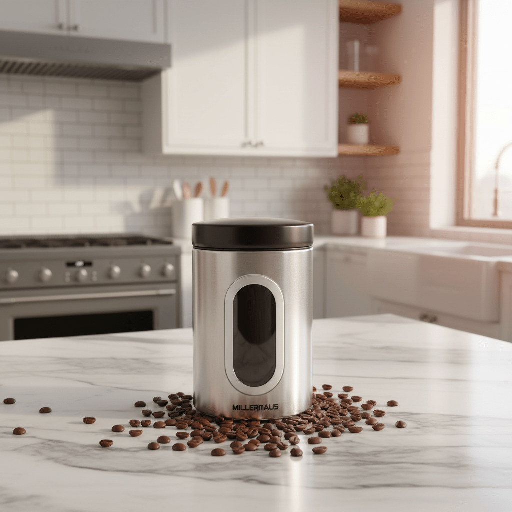 AKDC Elegant Stainless Steel Kitchen Storage Canister with Airtight Black Lid, Modern Countertop Design 1.1L - Al Kabayel Discount CentreAKDC Elegant Stainless Steel Kitchen Storage Canister with Airtight Black Lid, Modern Countertop Design 1.1LJars & Food SaversAKDCAl Kabayel Discount Centre