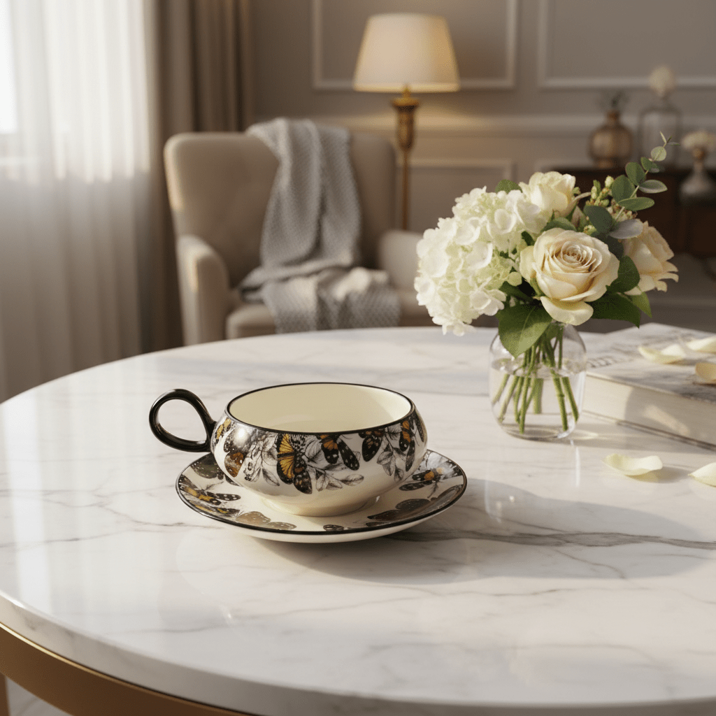 AKDC Elegant White Ceramic Cup & Saucer Set with Artistic Black Butterfly Design, Decorative Drinkware 200ml - Al Kabayel Discount CentreAKDC Elegant White Ceramic Cup & Saucer Set with Artistic Black Butterfly Design, Decorative Drinkware 200mlTea CupsAKDCAl Kabayel Discount Centre