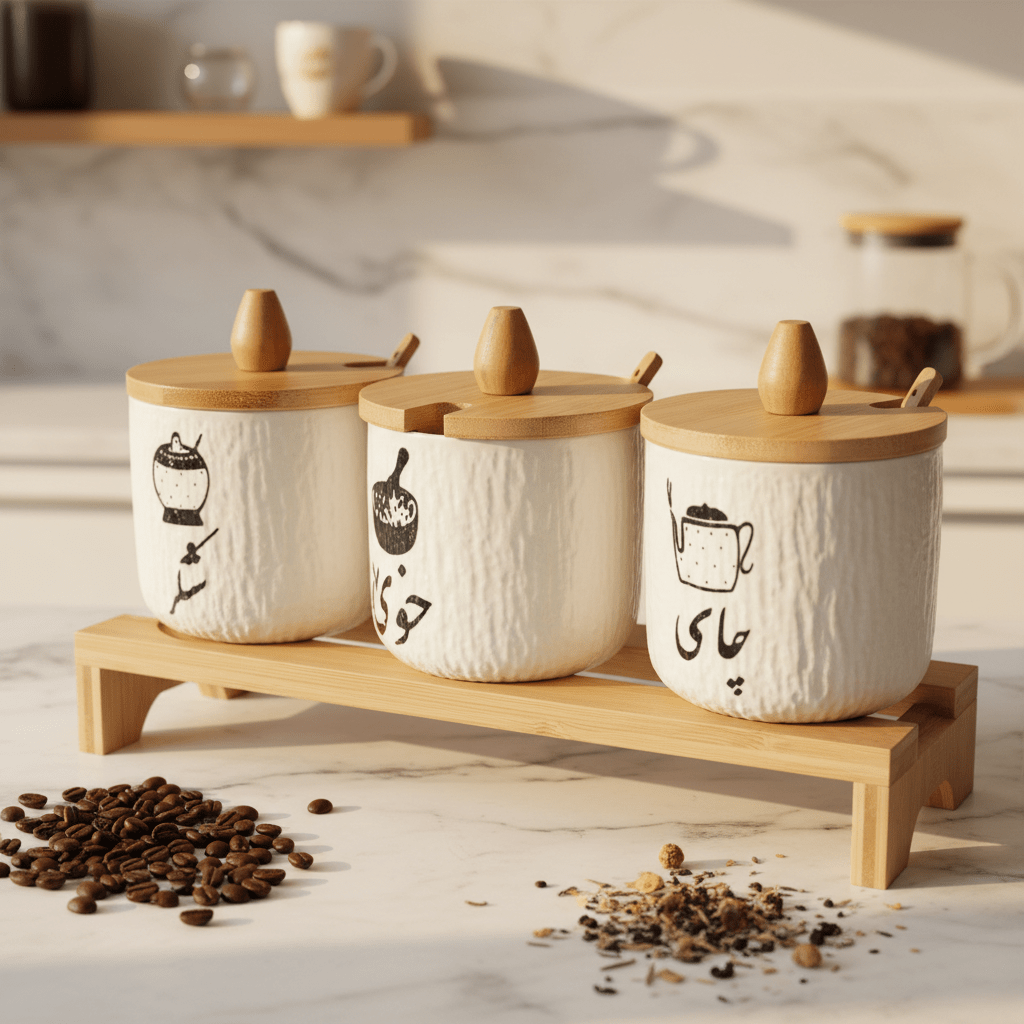AKDC EliteStore 3 - Piece White Ceramic Canister Set with Elegant Wooden Base & Lid Premium Organizer 30×10cm - Al Kabayel Discount CentreAKDC EliteStore 3 - Piece White Ceramic Canister Set with Elegant Wooden Base & Lid Premium Organizer 30×10cmJars & Food SaversAKDCAl Kabayel Discount Centre