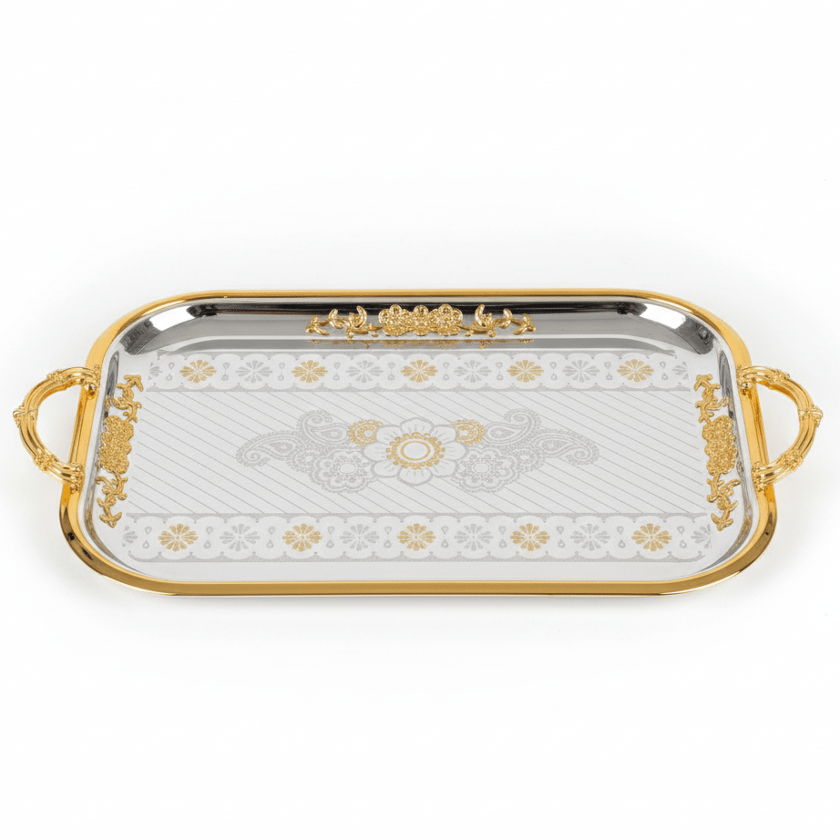 AKDC Extra Large Rectangular Stainless Steel Serving Tray with Stylish Gold Trim and Handles, Premium Multipurpose Serving Tray for Tea, Coffee, Snacks & Meals – 45 × 35 cm - Al Kabayel Discount CentreAKDC Extra Large Rectangular Stainless Steel Serving Tray with Stylish Gold Trim and Handles, Premium Multipurpose Serving Tray for Tea, Coffee, Snacks & Meals – 45 × 35 cmServing TraysAKDCAl Kabayel Discount Centre