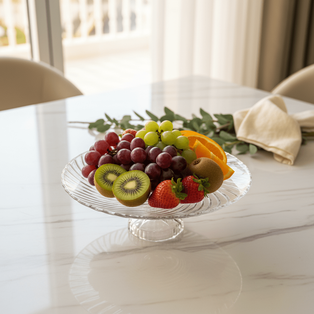 AKDC Footed Glass Fruit Plate – Decorative Elevated Plate for Serving Fruits, Desserts & Snacks 20×10 cm - Al Kabayel Discount CentreAKDC Footed Glass Fruit Plate – Decorative Elevated Plate for Serving Fruits, Desserts & Snacks 20×10 cmserving traysAKDCAl Kabayel Discount Centre
