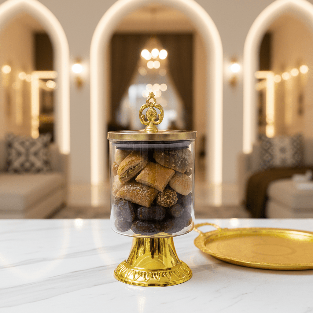 AKDC Footed Glass Storage Jar with Metal Base – Luxury Display Jar for Candy Snacks & Kitchen Storage – 18x10 cm - Al Kabayel Discount CentreAKDC Footed Glass Storage Jar with Metal Base – Luxury Display Jar for Candy Snacks & Kitchen Storage – 18x10 cmJars & Food SaversAKDCAl Kabayel Discount Centre