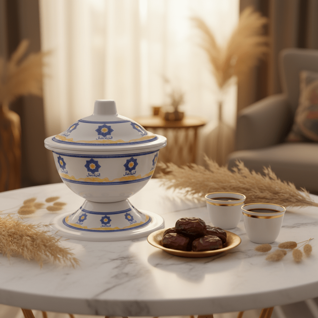 AKDC Footed Melamine Bowl with Lid – Arabic Art Design, Elegant Serving Bowl for Dining Table & Kitchen (16 × 12 cm) - Al Kabayel Discount CentreAKDC Footed Melamine Bowl with Lid – Arabic Art Design, Elegant Serving Bowl for Dining Table & Kitchen (16 × 12 cm)BowlsAKDCAl Kabayel Discount Centre