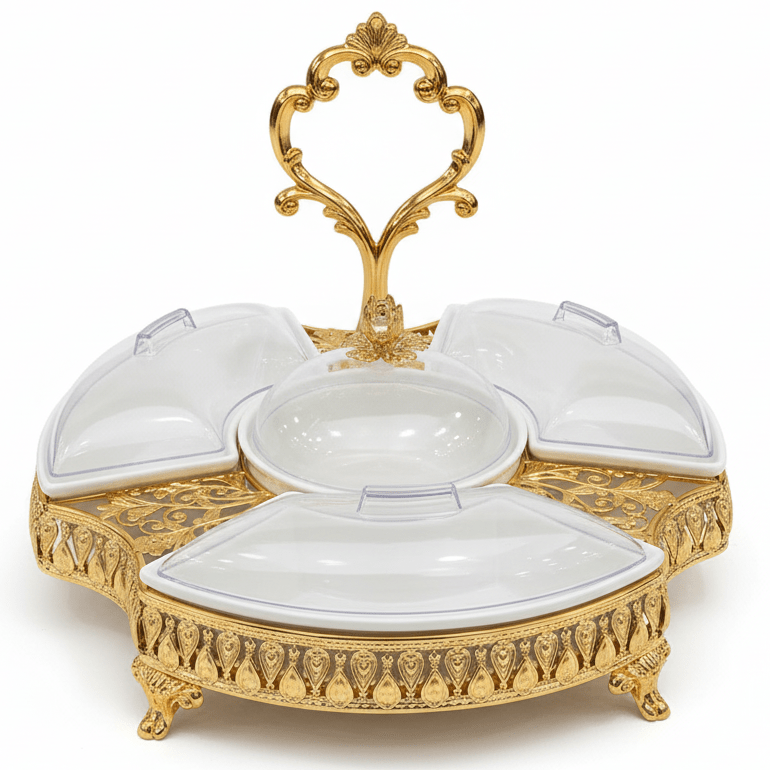 AKDC Gold Candy Tray with 3 Sections and Bowl Luxury Serving Set for Snacks Sweets and Dry Fruits 35 cm - Al Kabayel Discount CentreAKDC Gold Candy Tray with 3 Sections and Bowl Luxury Serving Set for Snacks Sweets and Dry Fruits 35 cmServing TraysAKDCAl Kabayel Discount Centre