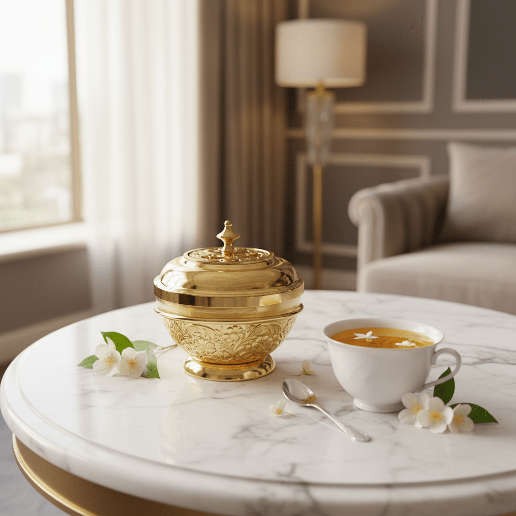 AKDC Golden Sugar Pot – Luxury Embossed Metal & Glass Serveware | 12×10cm - Al Kabayel Discount CentreAKDC Golden Sugar Pot – Luxury Embossed Metal & Glass Serveware | 12×10cmJars & Food SaversAKDCAl Kabayel Discount Centre