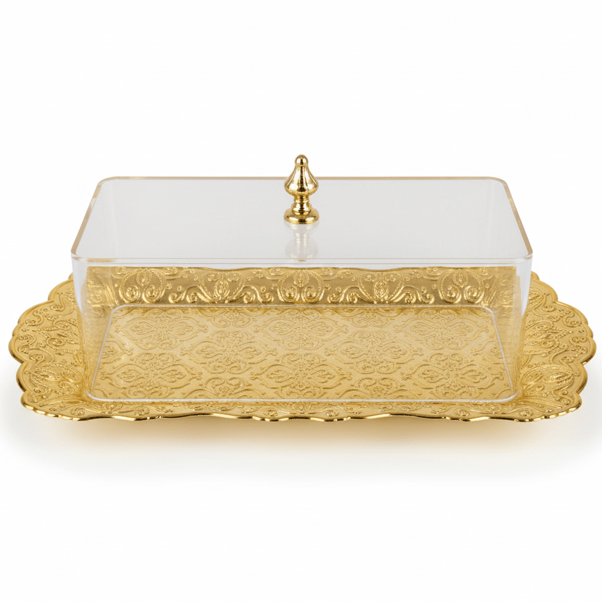 AKDC GoldServe Premium Golden Rectangular Metal Snack Plate with Clear Acrylic Lid Serving Dish 28×16cm - Al Kabayel Discount CentreAKDC GoldServe Premium Golden Rectangular Metal Snack Plate with Clear Acrylic Lid Serving Dish 28×16cmServing TraysAKDCAl Kabayel Discount Centre