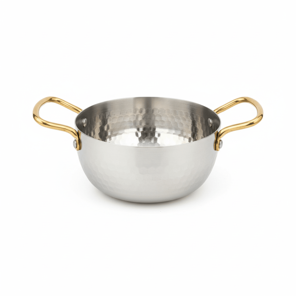 AKDC Hammered Stainless Steel Round Soup Pot With Gold Handle - 16cm - Al Kabayel Discount CentreAKDC Hammered Stainless Steel Round Soup Pot With Gold Handle - 16cmCasseroles & Stock PotsAKDCAl Kabayel Discount Centre